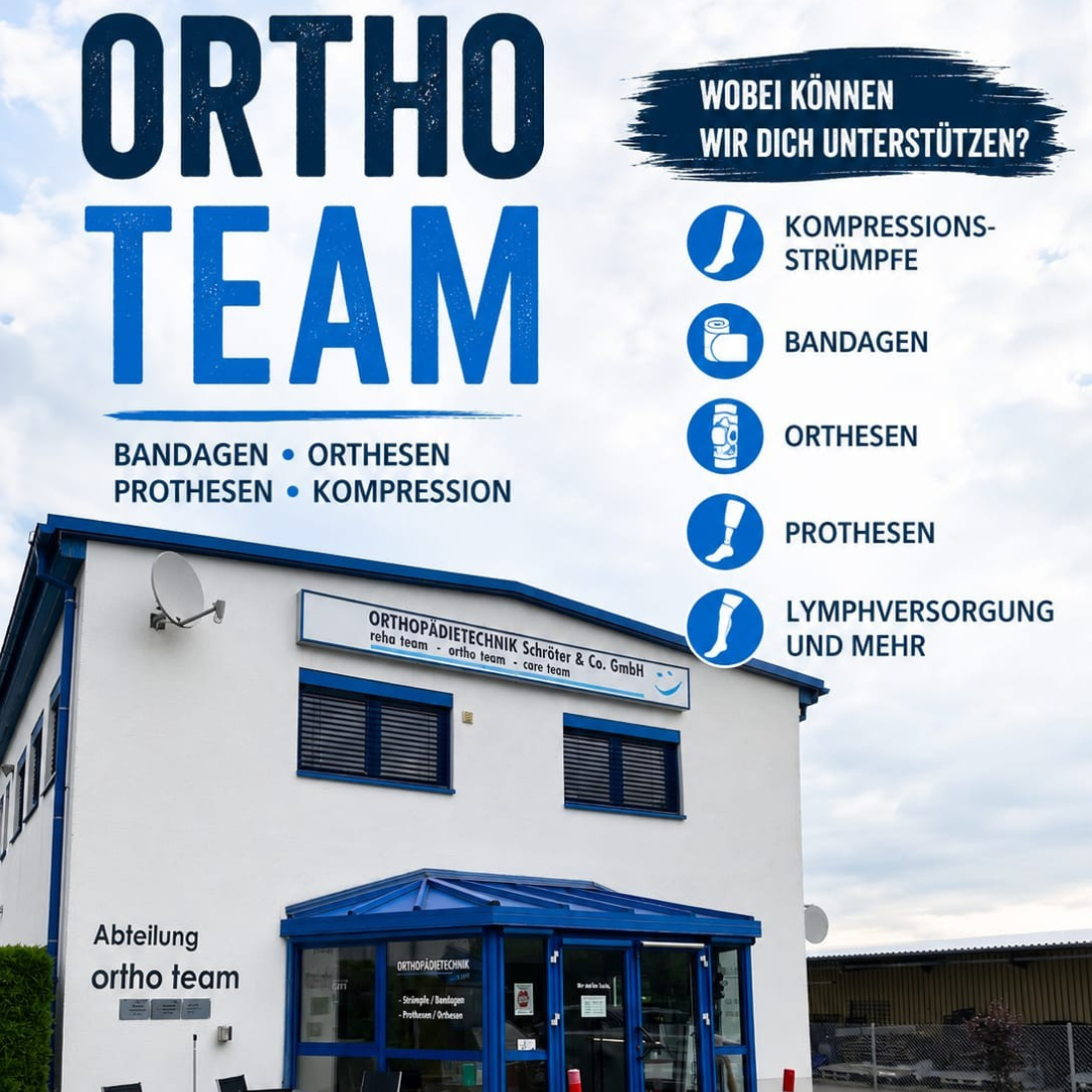 Gebäude des OrthoTeam mit Informationen zu Bandagen, Orthesen und Kompression.